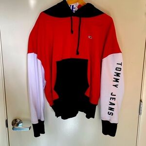 Women’s Tommy red, white and blue color block hooded sweatshirt.
